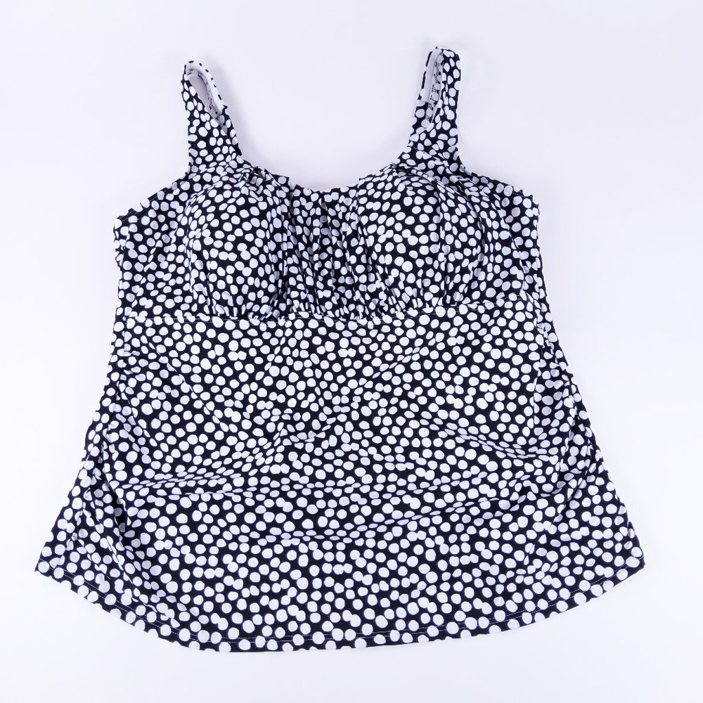 New Lands' End Tummy Control Blouson Pleated Tankini Black White Dot Size 22W